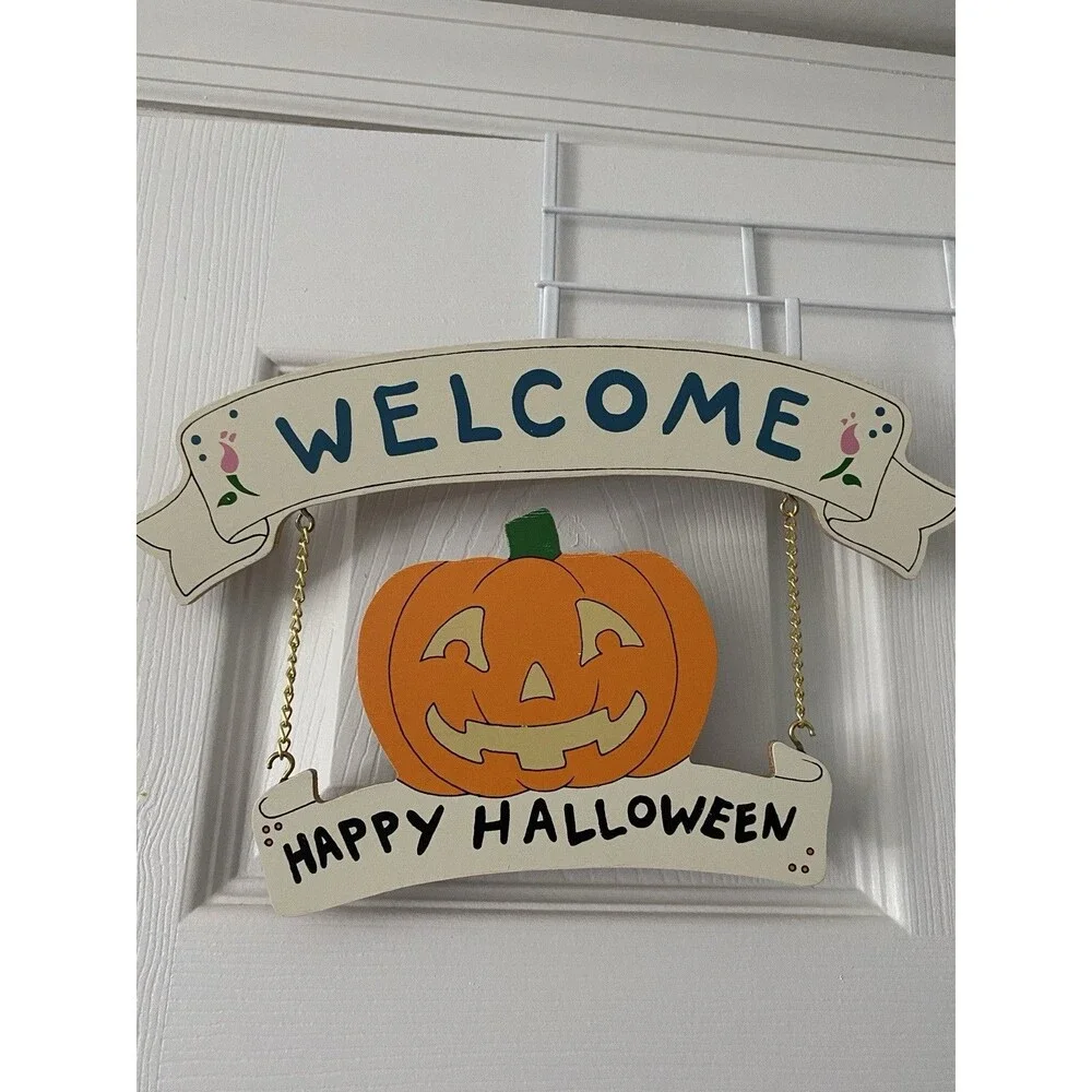 Vintage Hanging Wooden Holiday Welcome Sign Easter Halloween Christmas Friends